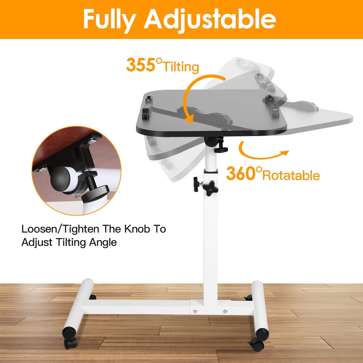 Rolling Laptop Table Portable Computer Desk Movable Table with Adjustable Height Tilting Angle