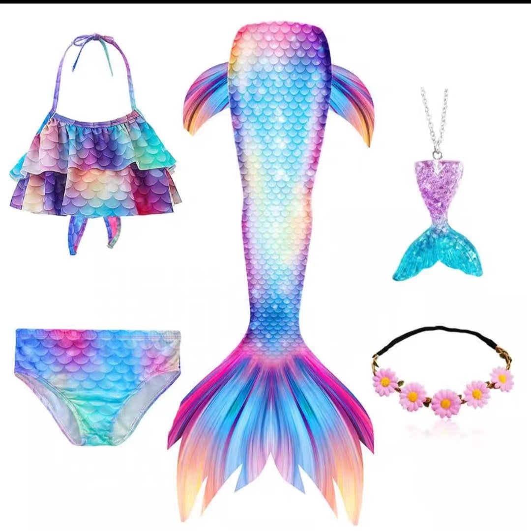 5pcs/set Girls Mermaid Tail Swimsuit Children Mermaid Ariel Cosplay Costume Fantasy Beach Bikini