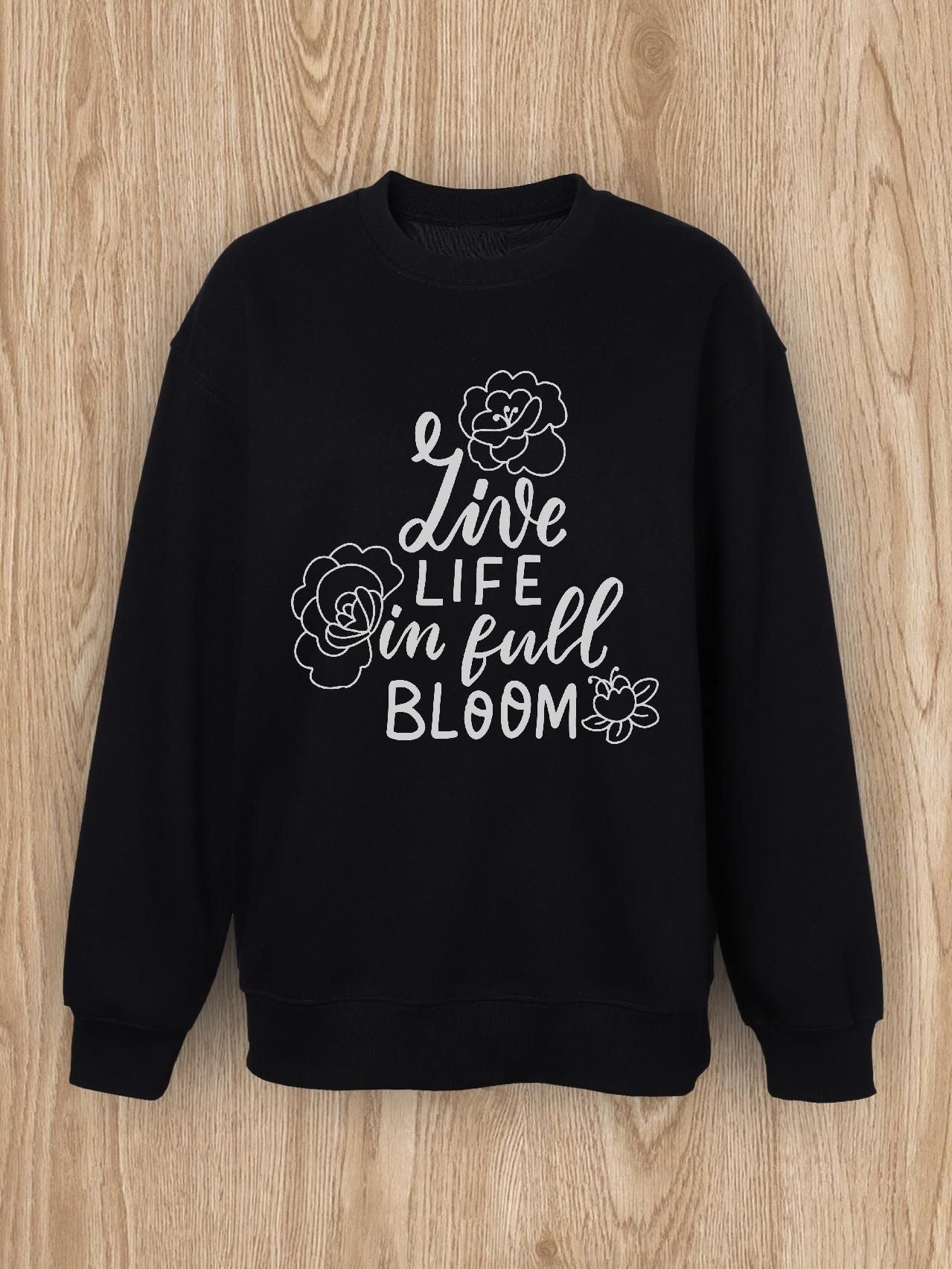 Women Basic Casual Pullover Spring Autumn Long Sleeve Alphabet Rose Printed Round Neck Black