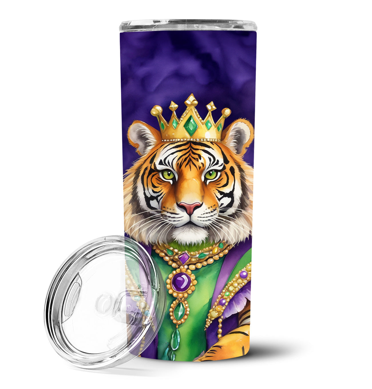 Tiger the King of Mardi Gras Stainless Steel Skinny Tumbler Vacuum Double Walled Reusable Insulated Tumbler Travel Cup for Coffee Cocktails Gift with Lid, 20 oz