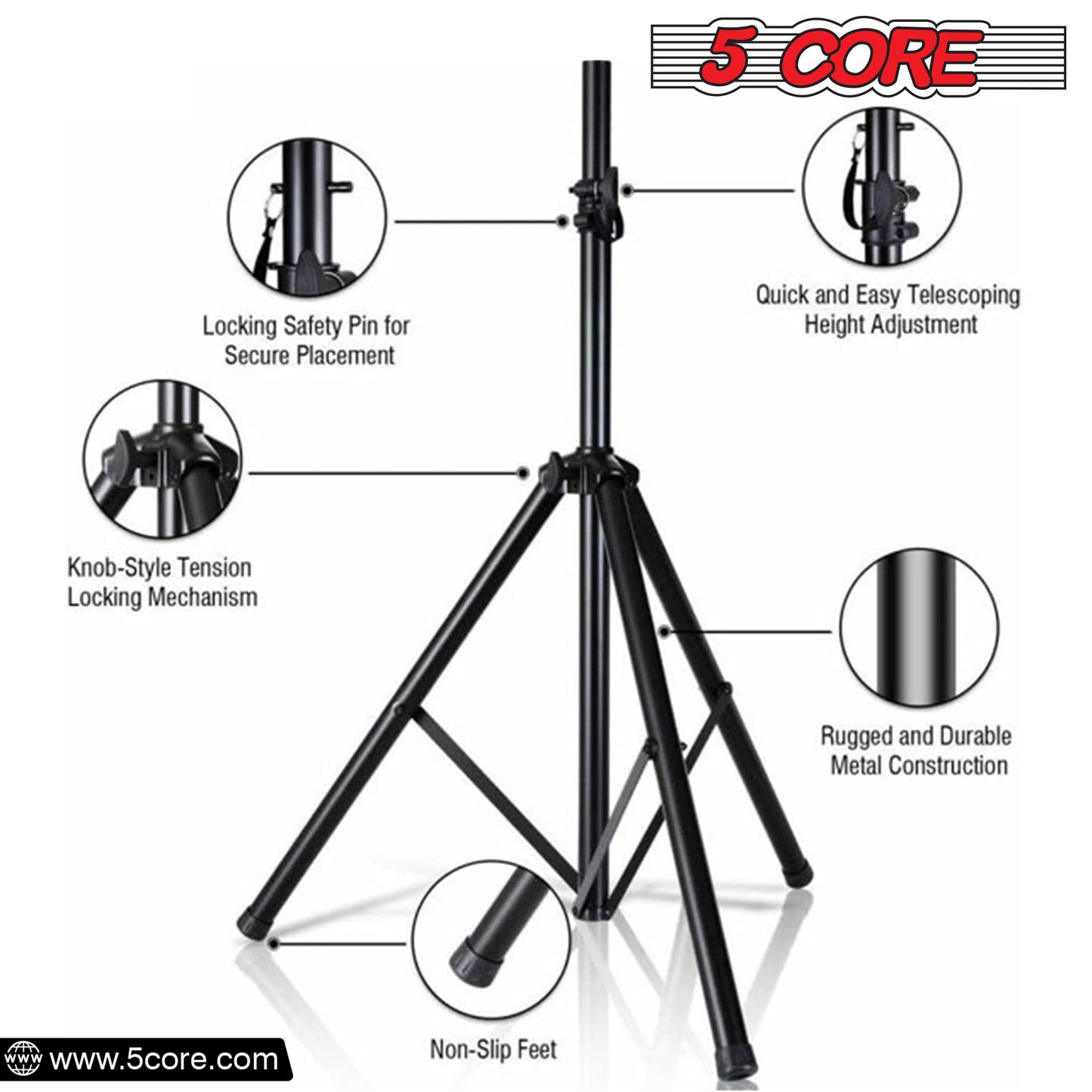 5 Core Speaker Stand Tripod Pair Tall Height Adjustable Heavy Duty DJ Light Floor Stands Universal 35mm Pole Mount PA Studio Monitor Large Subwoofer Support - - SS HD 2PK BLK BAG