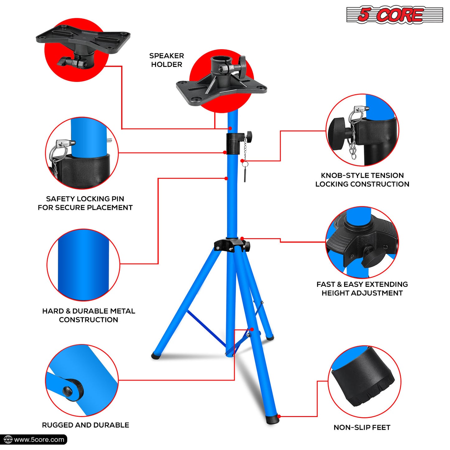 5 Core Speaker Stand Tripod Floor Heavy Duty Adjustable Up to 72 Inch DJ Studio Monitor Stands Pole Mount- SS HD SKY BLU BAG