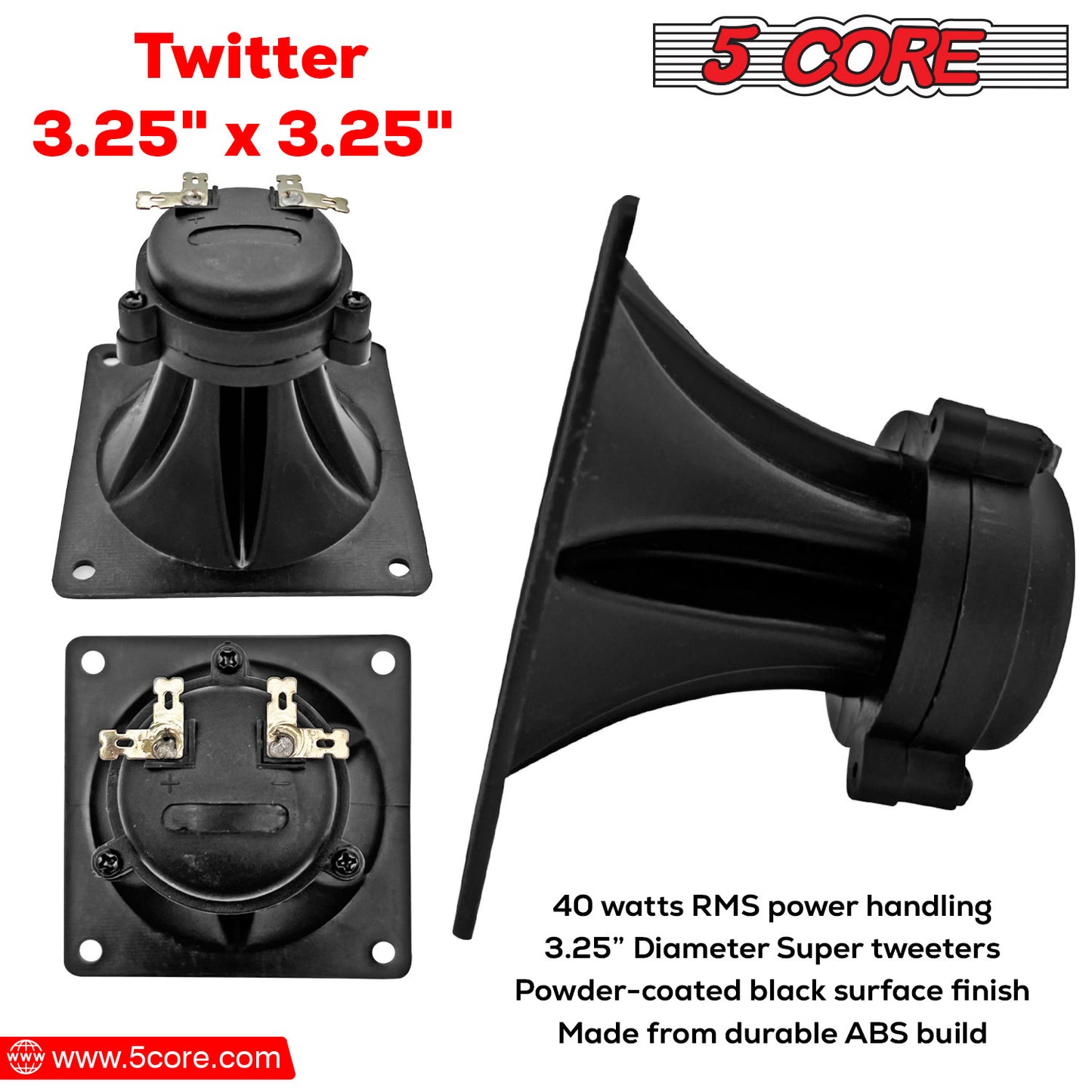 5 Core Tweeter 3.25\" x 3.25\" • 40W Max Component Square Driver • Piezo Horn Element Super Replacement DJ Tweeters • for Smooth Extended Frequency Response- TW 303 SQ