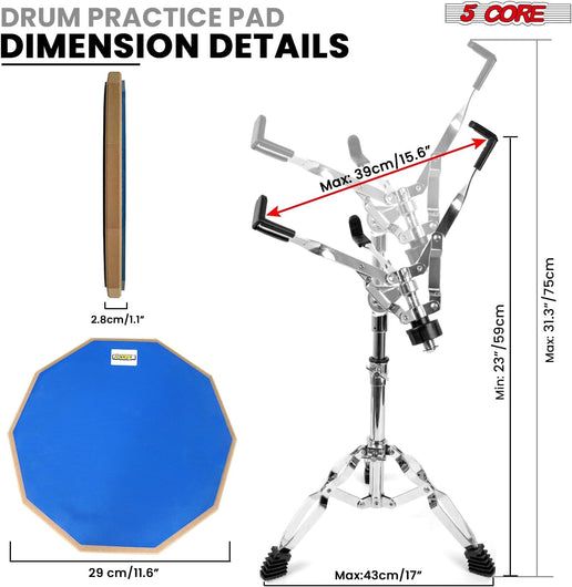 5Core Drum Throne Adjustable Guitar Stool Padded Seat + Drum Practice Pad Snare Drumming Stand - DS CH BLU + DPAD COMBO BLU