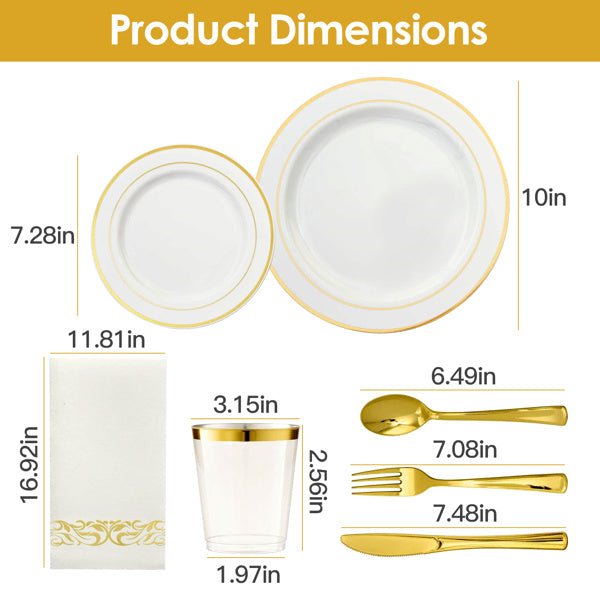 175Pcs Disposable Gold Dinnerware Set Gold Rim Plastic Plates Cups Fork Spoon Knife Paper Napkins for Party Wedding Graduation