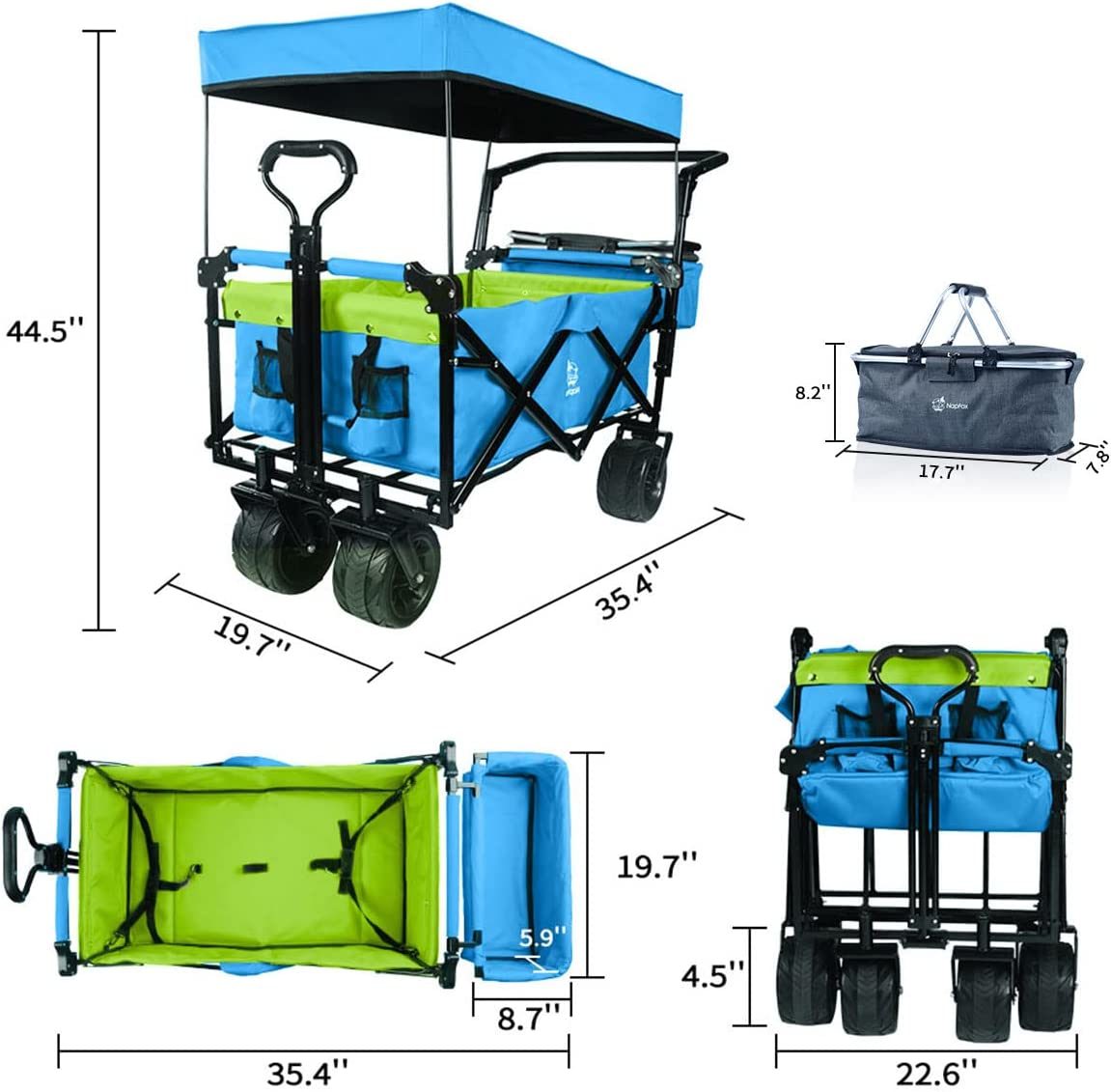 Collapsible Wagon Heavy Duty Folding Wagon Cart with Removable Canopy, 4" Wide Large All Terrain Wheels, Brake, Adjustable Handles,Cooler Bag Utility Carts for Outdoor Garden Beach