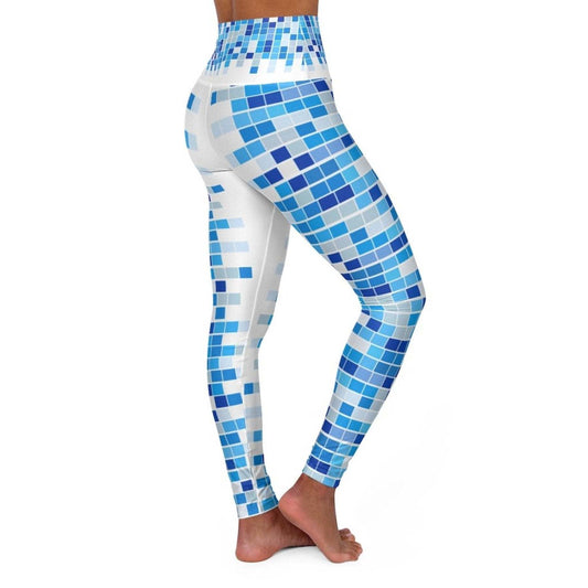 High Waisted Yoga Leggings, Blue And White Mosaic Square Style Pants