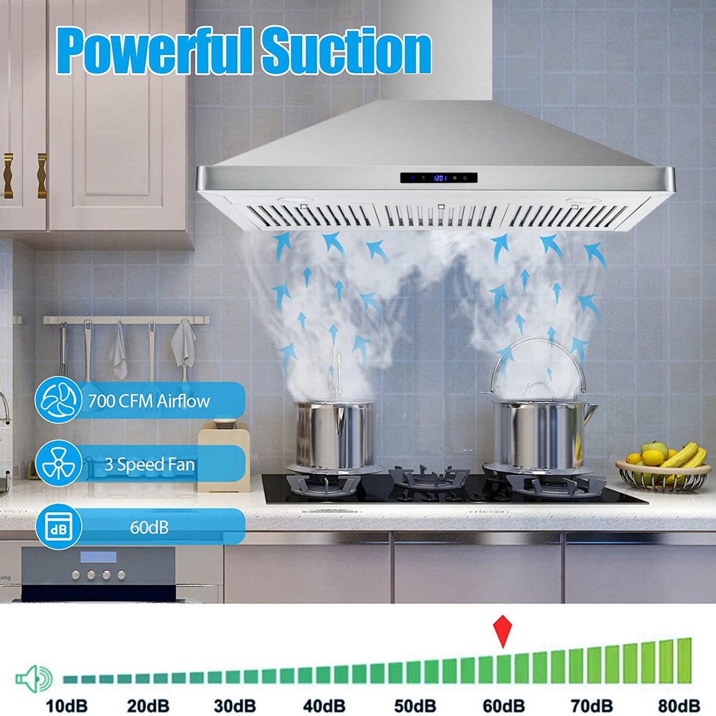 30/36 inch Range Hood 700CFM Wall Mount Stainless Steel Touch Control 3-speed Stove Vent