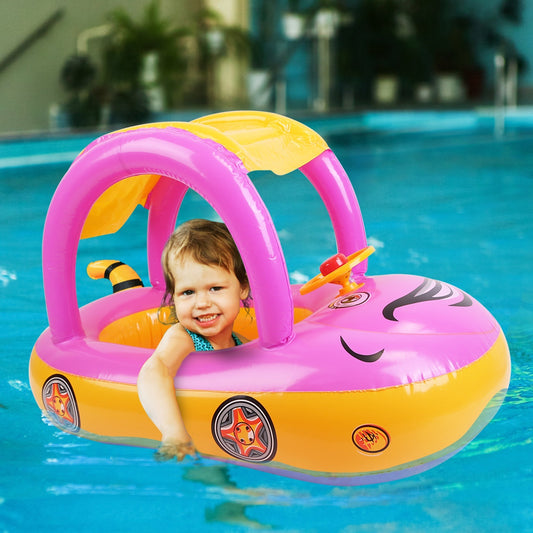 Baby Inflatable Pool Float Car Shaped Toddler Swimming Float Boat Pool Toy Infant Swim Ring Pool with Sun Protection Canopy for 1-3 Year-Old Kids Infant Toddlers