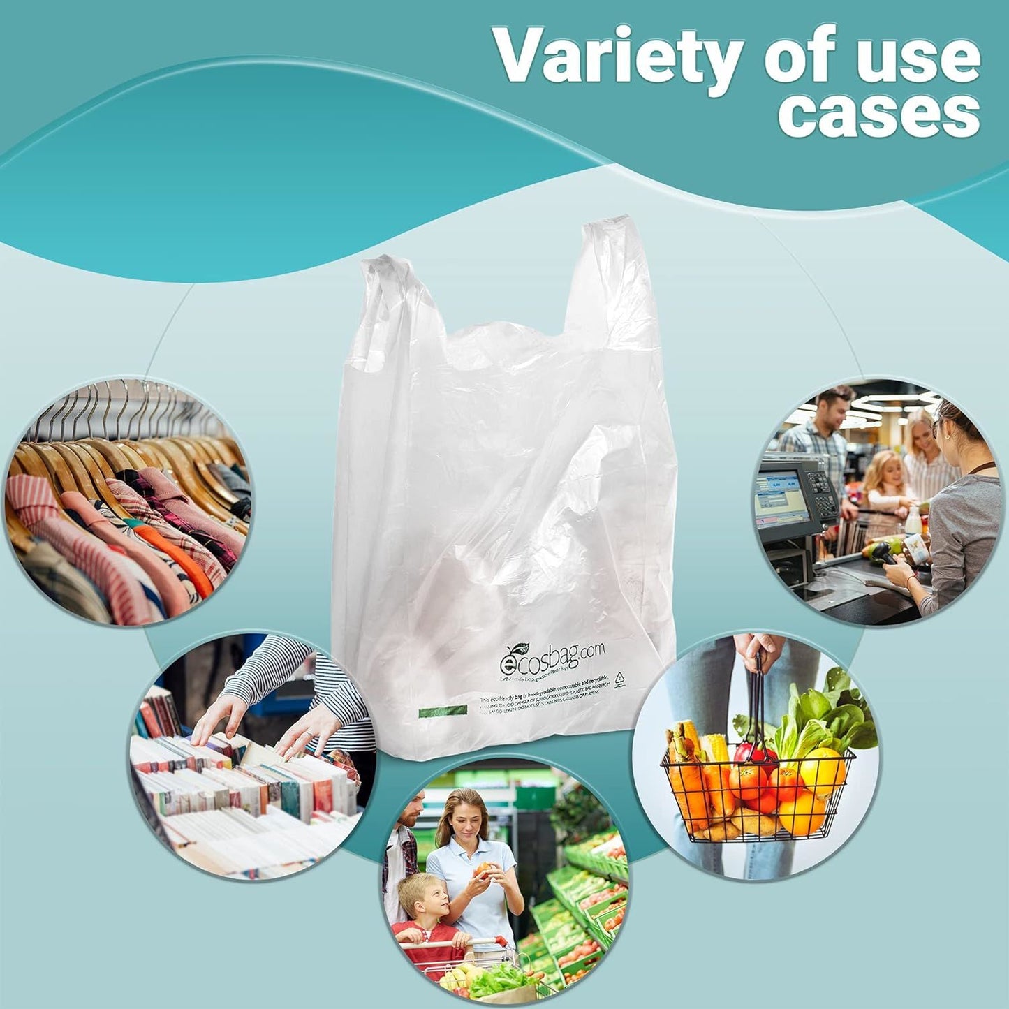 Pack of 1000 Earth Friendly Grocery Bags; White 11.5 x 6.5 x 21. Carry-Out T-Shirt Bags 11 1/2 x 6 1/2 x 21. Preprinted Shopping Poly Bags; 0.65 mil. Handle Plastic Bags for Store or Restaurant.