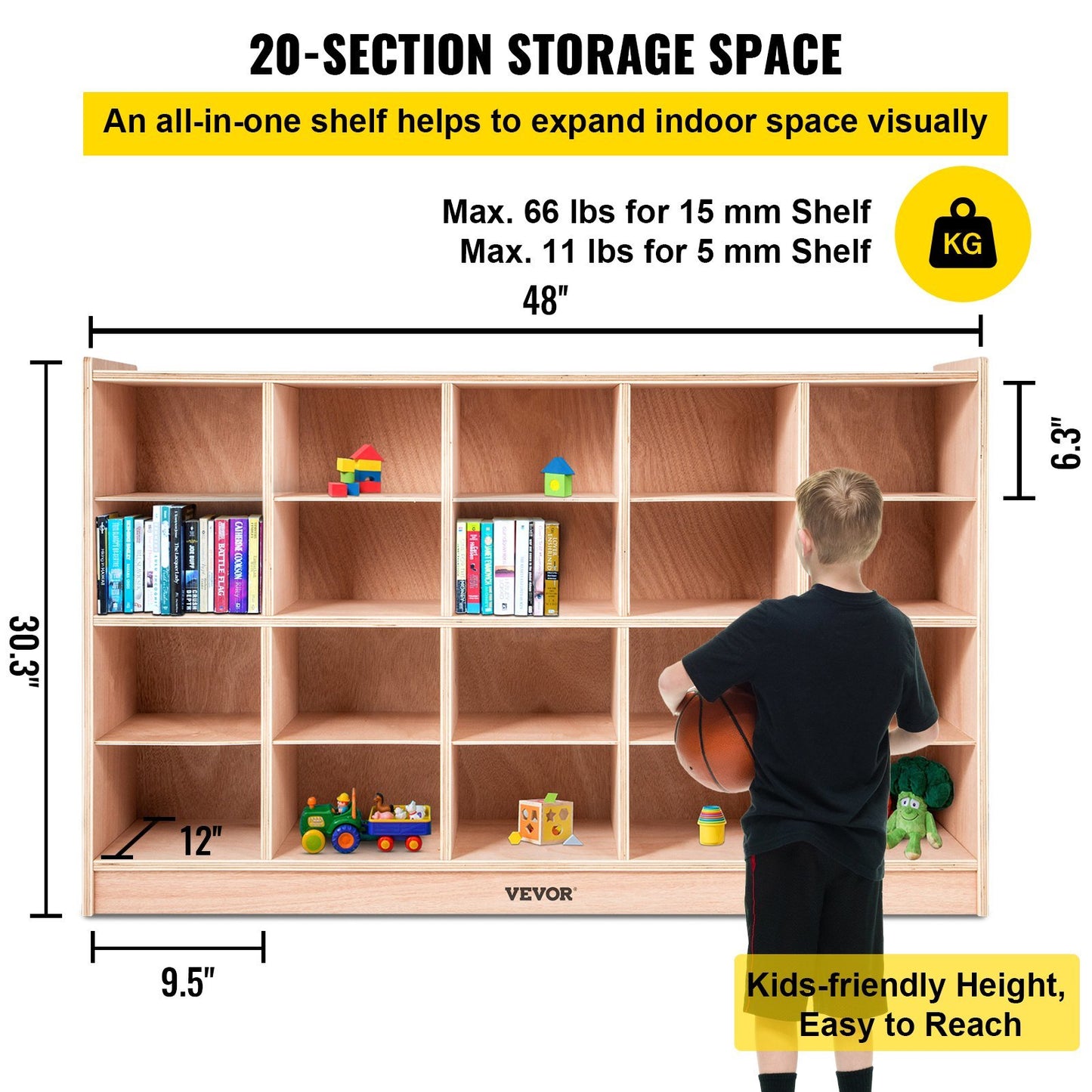 VEVOR Cubby Wooden Storage Unit 20 Cubby Storage Unit Classroom 30 Inch High Plywood Wooden Cubbies for Classroom