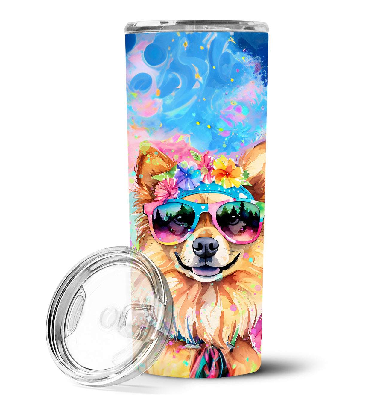 Pomeranian Hippie Dawg Stainless Steel Skinny Tumbler Vacuum Double Walled Reusable Insulated Tumbler Travel Cup for Coffee Cocktails Gift with Lid, 20 oz