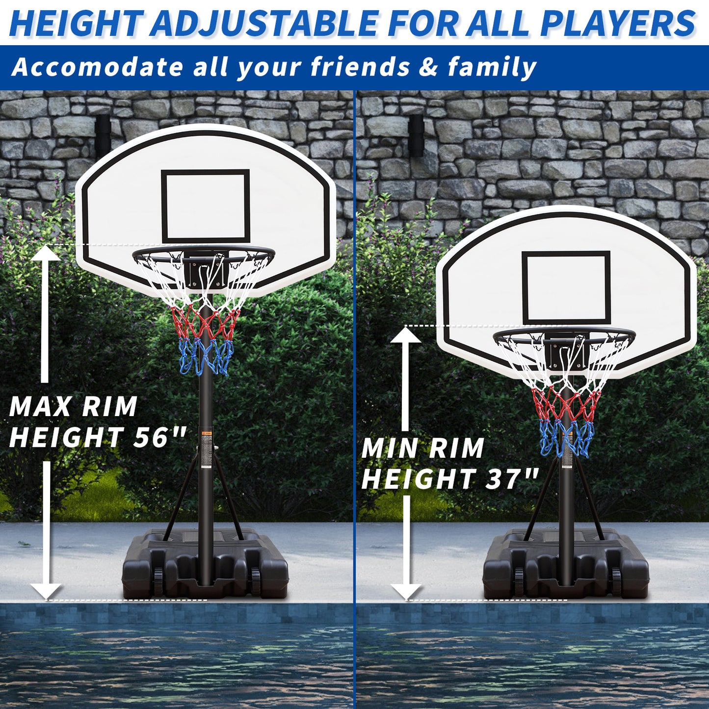 Portable Poolside Basketball Hoop Swimming Pool 3.1ft to 4.7ft Height-Adjustable Basketball System Goal Stand for Kids
