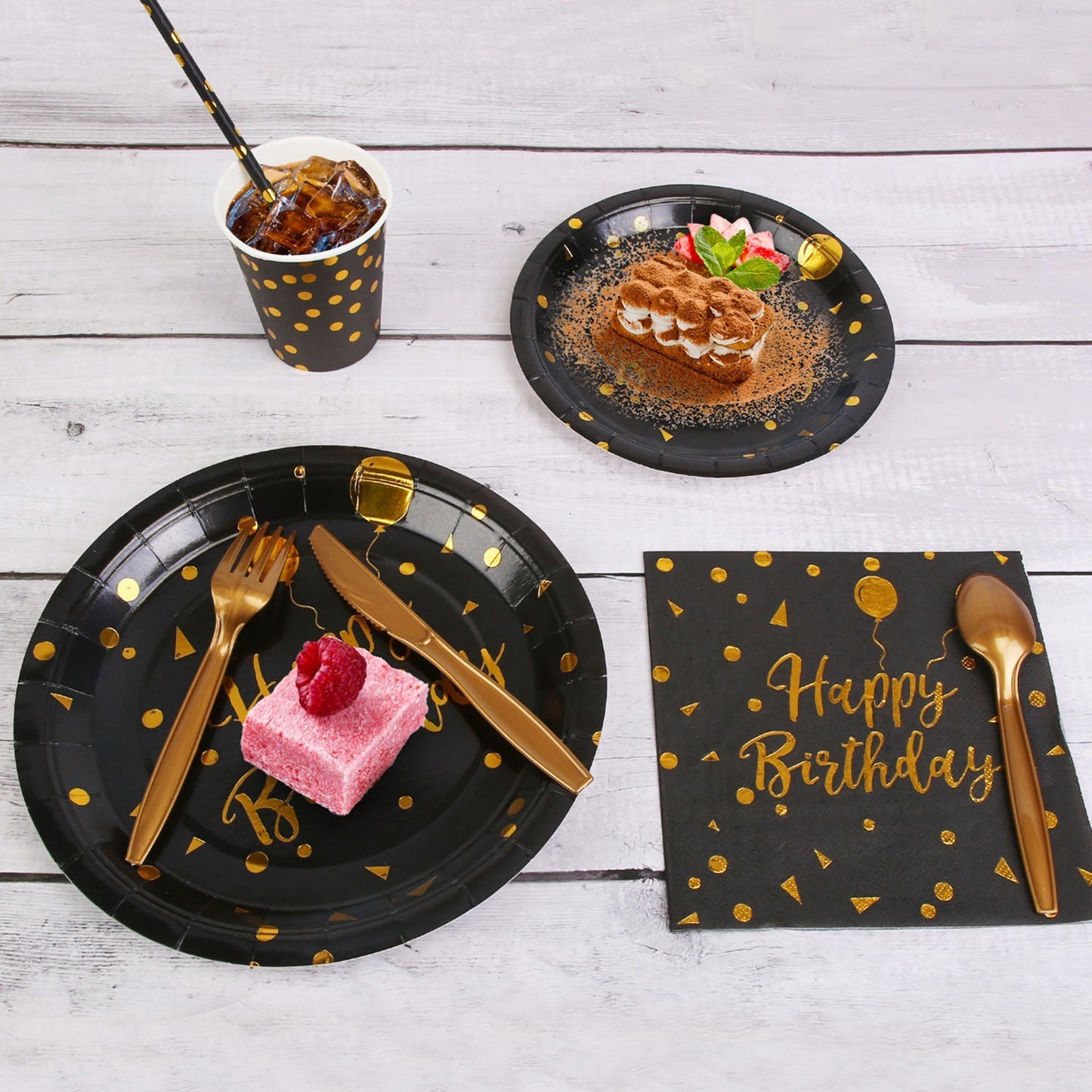 201PCS Black Gold Birthday Party Supplies For 25 Guests Happy Birthday Disposable Dinnerware Set Paper Plates 9OZ Cups Straws Napkins Forks Knives Spoons Tablecloth