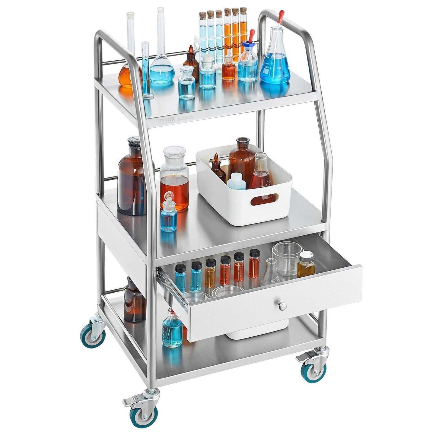 VEVOR Lab Serving Cart, 3 Layers Stainless Steel Utility Rolling Cart, Medical Cart with A Drawer, Dental Utility Cart with Lockable Wheels, for Laboratory, Hospital, Dental Use