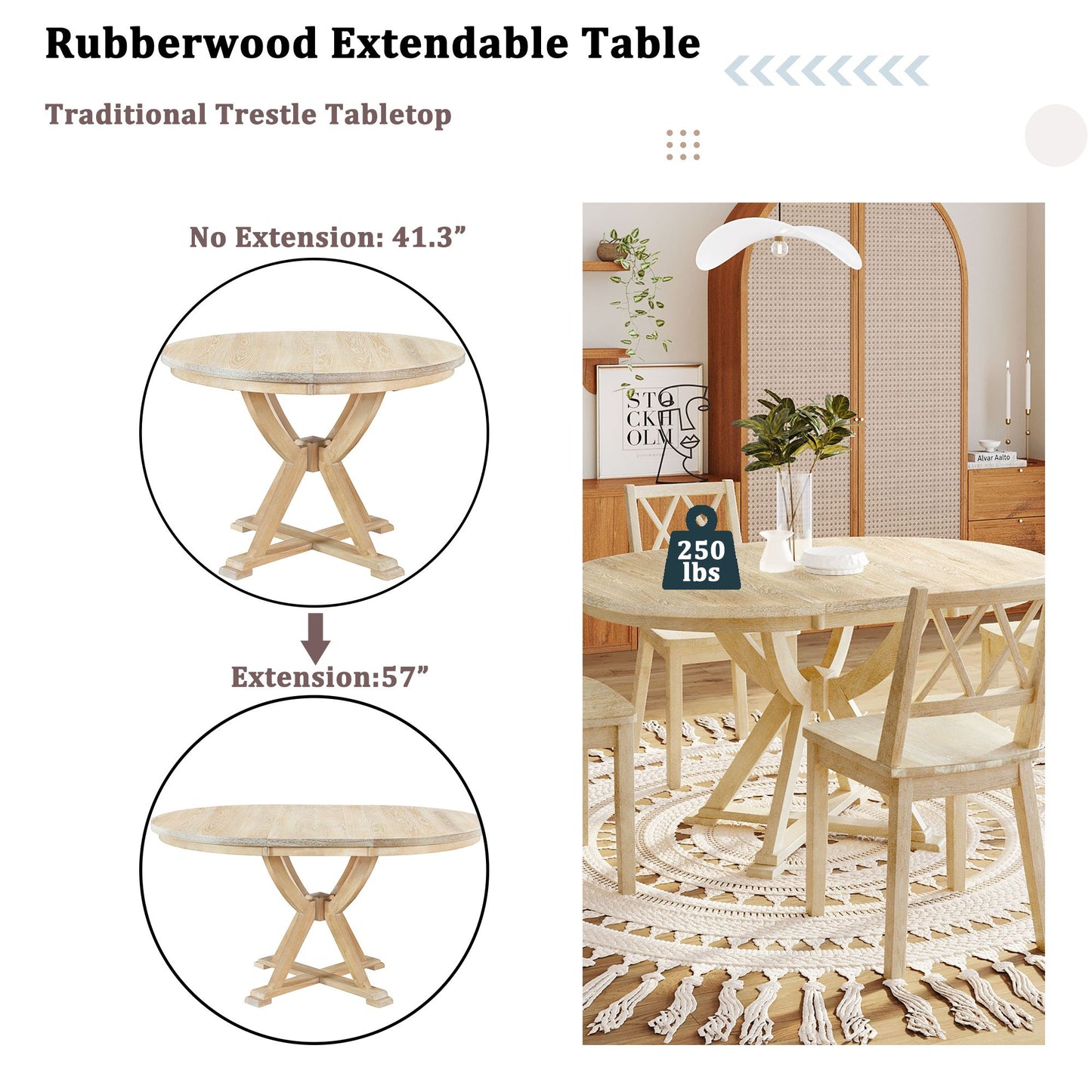 Mid-Century 5-Piece Extendable Round Dining Table Set with 15.7" Removable Leaf and 4 Cross Back Dining Chairs