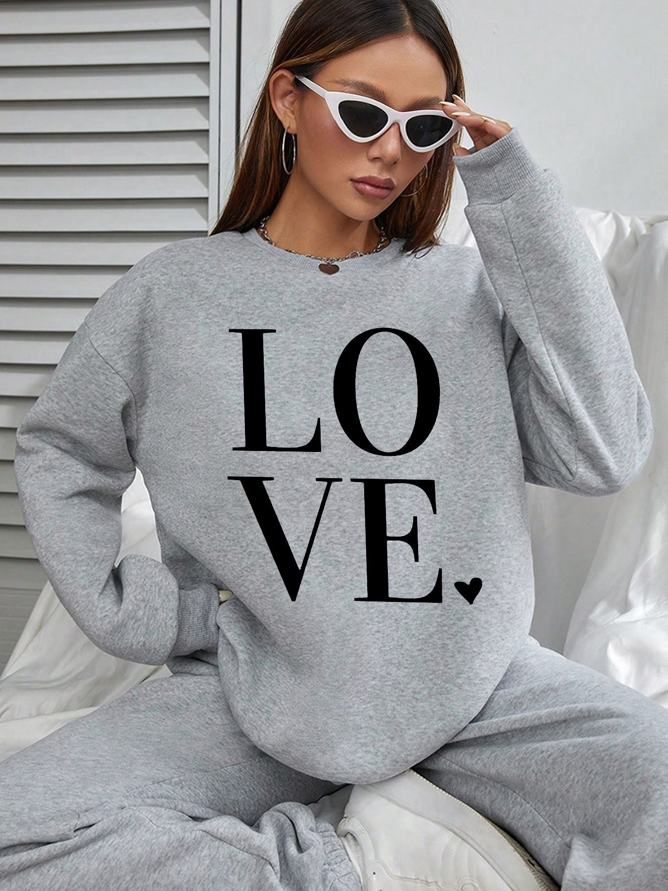 Women Basic Casual Pullover Spring Autumn Long Sleeve Love Letter Round Neck