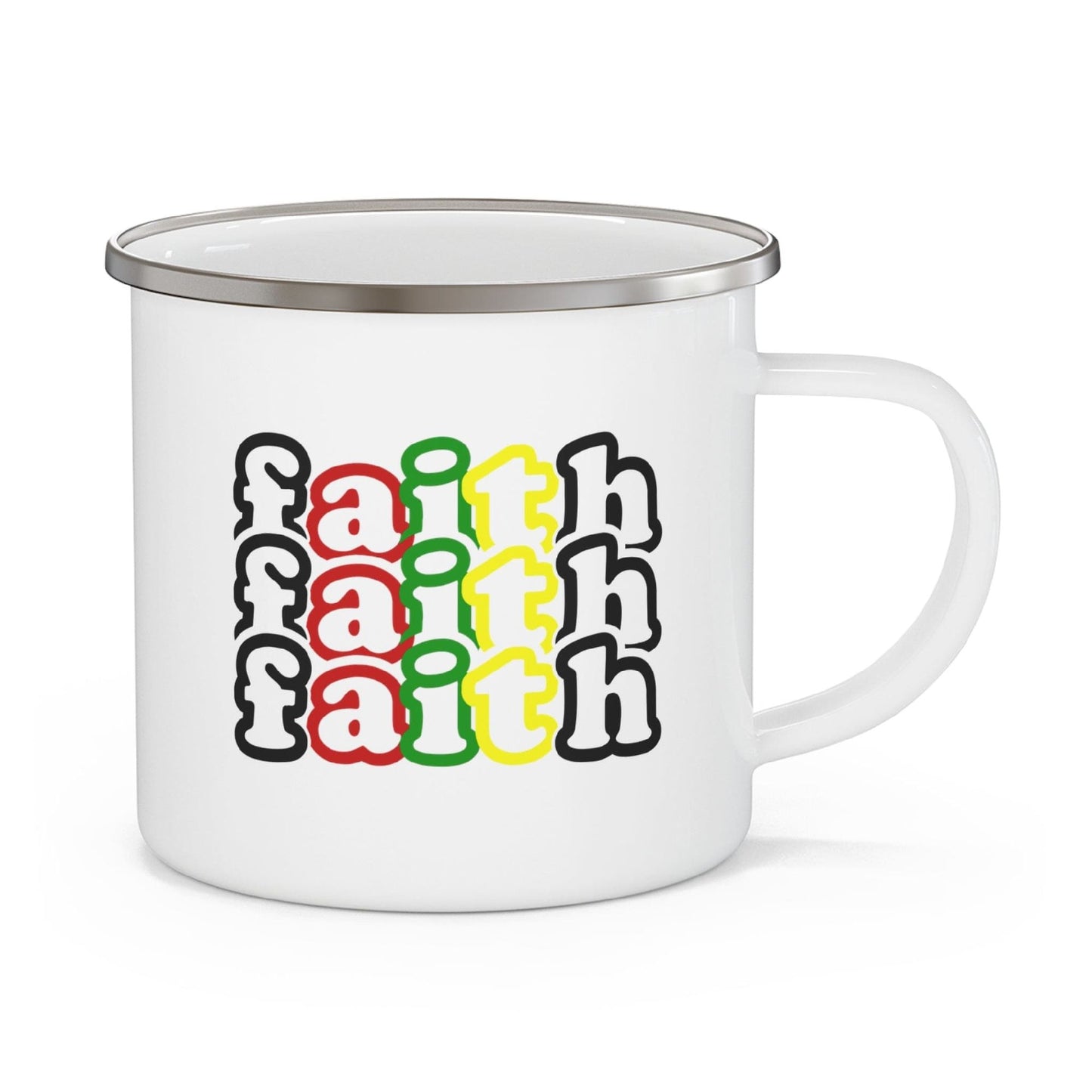 Enamel Camping Mug, Faith Stack Multicolor Black Illustration