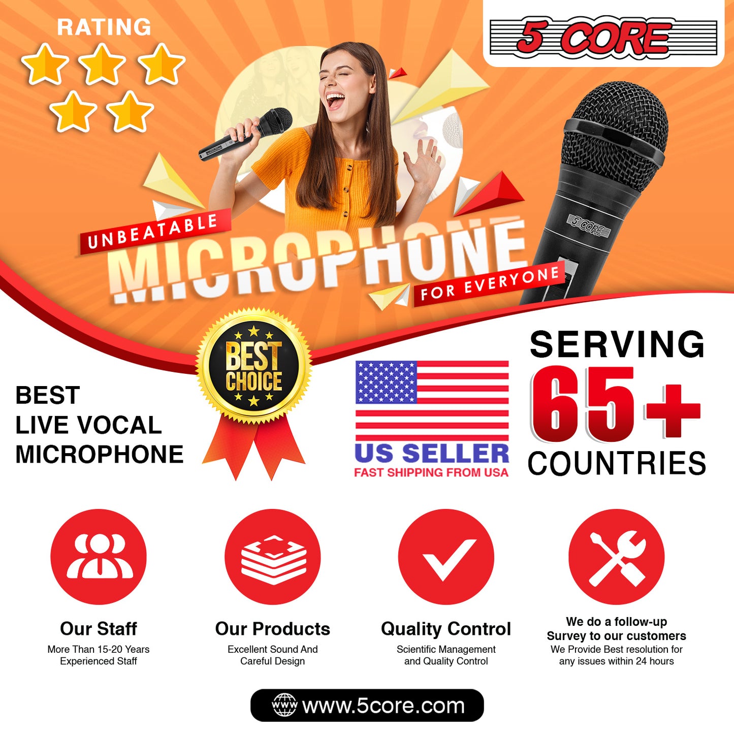 5 Core Microphone XLR Dynamic Mic Karaoke Singing Handheld Microfono Wired Professional Unidirectional 1/4 Plug In Cord Connection for Vocal DJ Music - PM 757