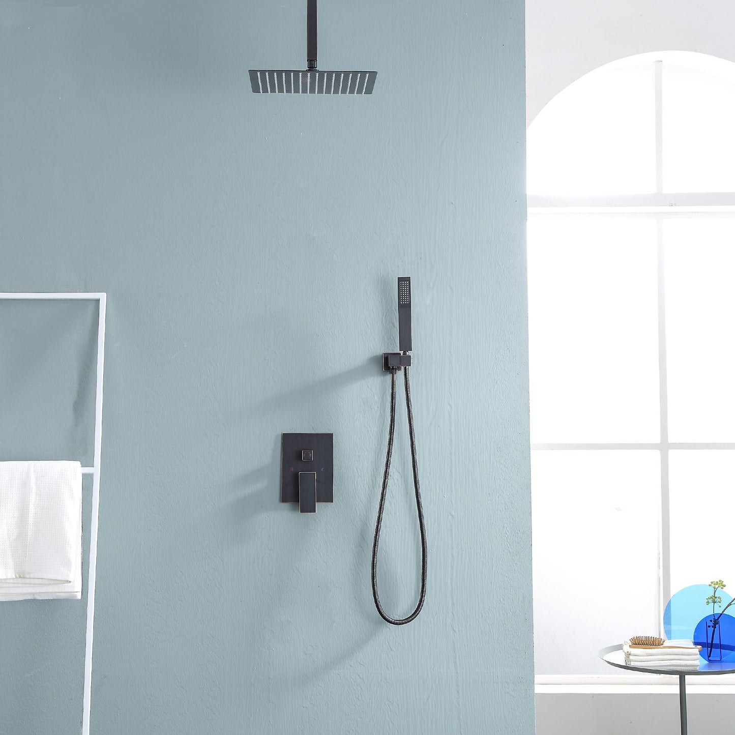 16\" Rainfall Shower Head and Handhled Shower Head,Ceiling Mounted Matte Black Shower System