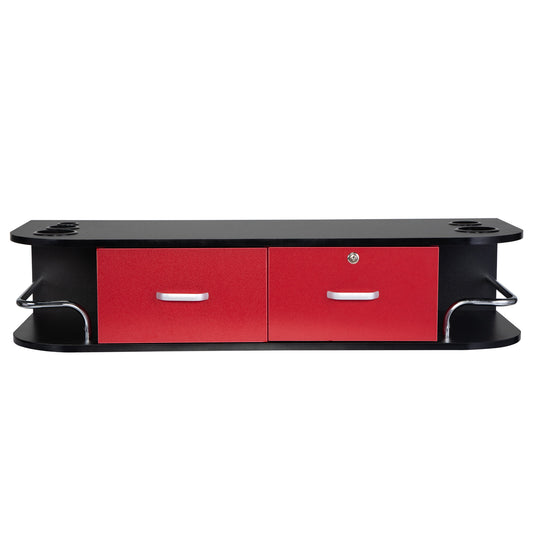 Classic Wall Mounted Beauty Salon, Barber Styling Station, Salon Equipment with Locking 2 Drawers, Black+Red