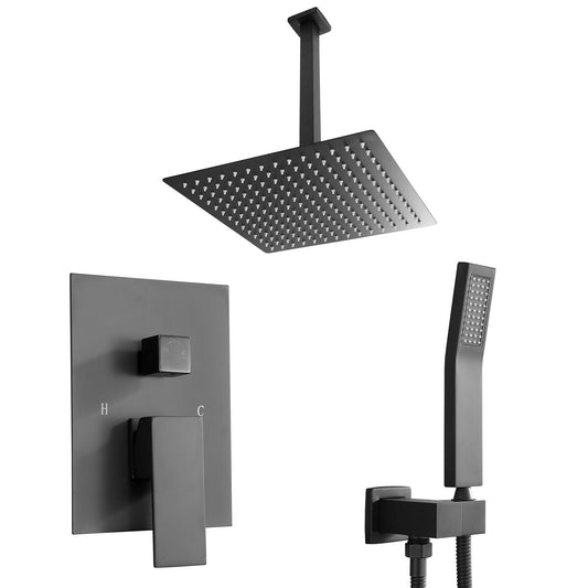 16\" Rainfall Shower Head and Handhled Shower Head,Ceiling Mounted Matte Black Shower System