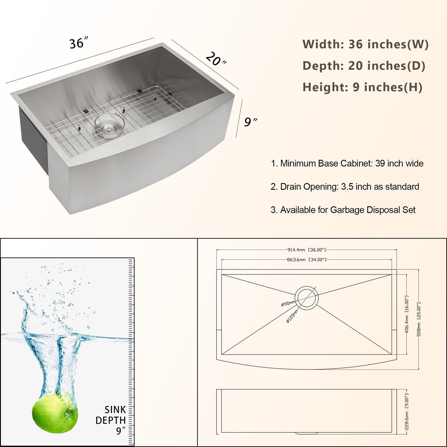 Farmhouse Apron Handmade Stainless Steel Kitchen Sink, Apron Front Single Bowl Bar Sink with Drain Kit