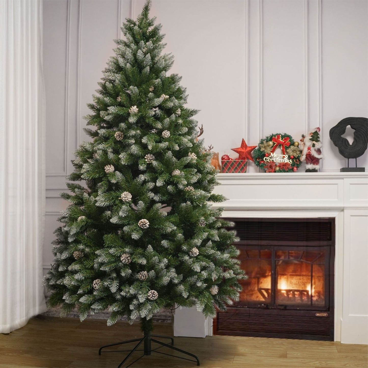 5FT PVC Christmas Tree, 619 Snow-Covered Branches Tips with Pinecones, Environmentally Friendly Artificial