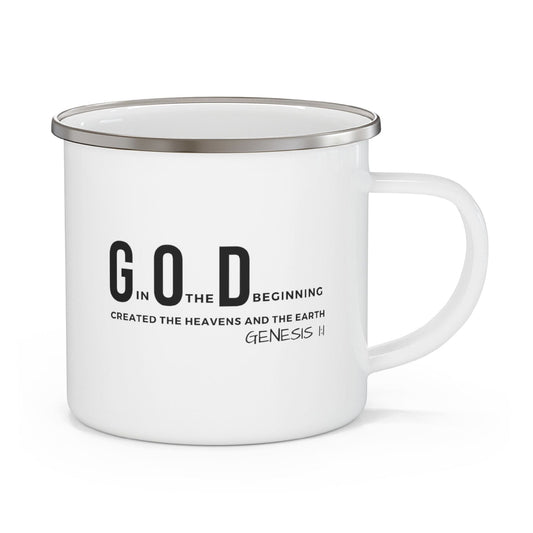 Enamel Camping Mug, God In The Beginning, Inspirational Illustration