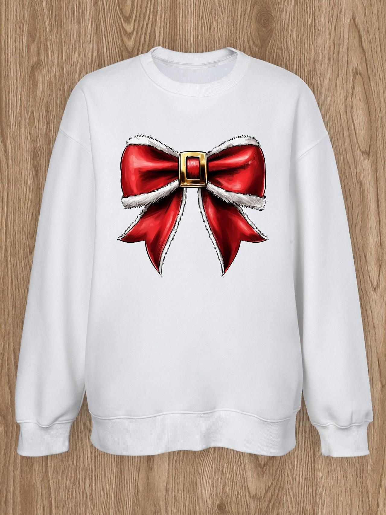 Women Basic Casual Pullover Spring Autumn Long Sleeve Christmas Plush Bow Printed Round Neck