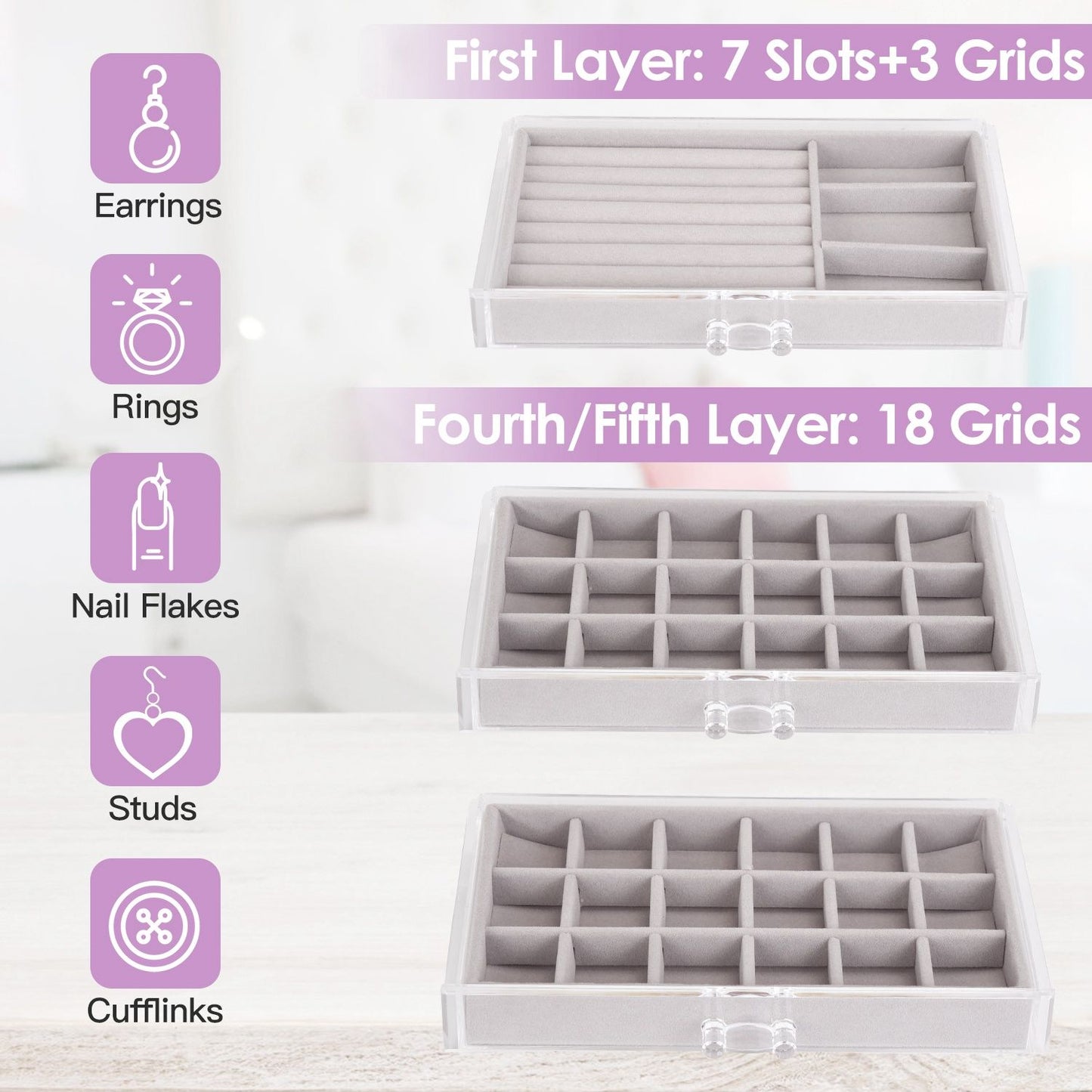 Clear Acrylic Jewelry Box Organizer with 5 Drawers Stackable Jewelry Holder Velvet Storage Case for Earrings Rings Bracelets Necklaces Ideal Gift for Women Teen Girls