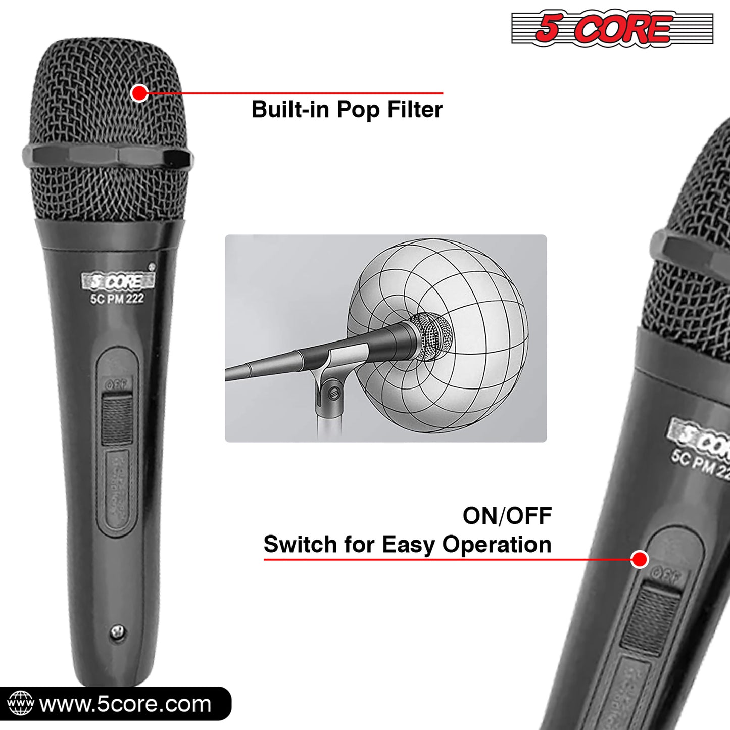 5 Core Microphone XLR Dynamic Mic Karaoke Singing Handheld Microfono Wired Professional Unidirectional 1/4 Plug In Cord Connection for Vocal DJ Music - PM-222