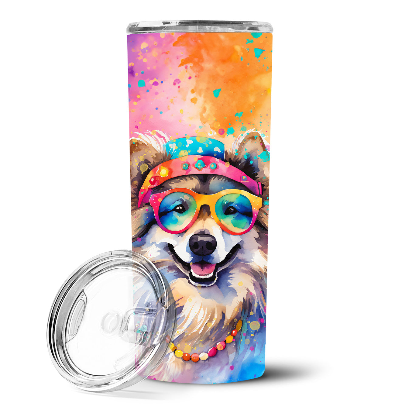 Keeshond Hippie Dawg Stainless Steel Skinny Tumbler Vacuum Double Walled Reusable Insulated Tumbler Travel Cup for Coffee Cocktails Gift with Lid, 20 oz