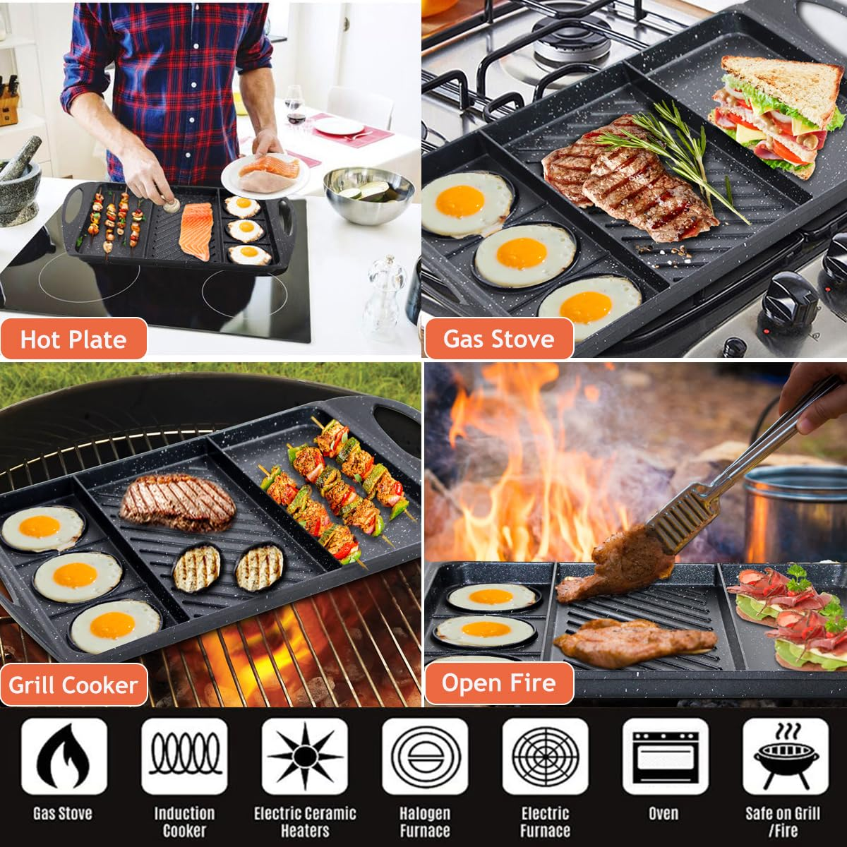 3 in 1 Flat Top Grill Griddle,Griddle Pan for Stove Top Double Burner Grill,Aluminum Pancake Griddle,Non-Stick Top Griddle Grill Compatible with All Stoves,Griddle For Camping/Indoor,Dishwasher Safe