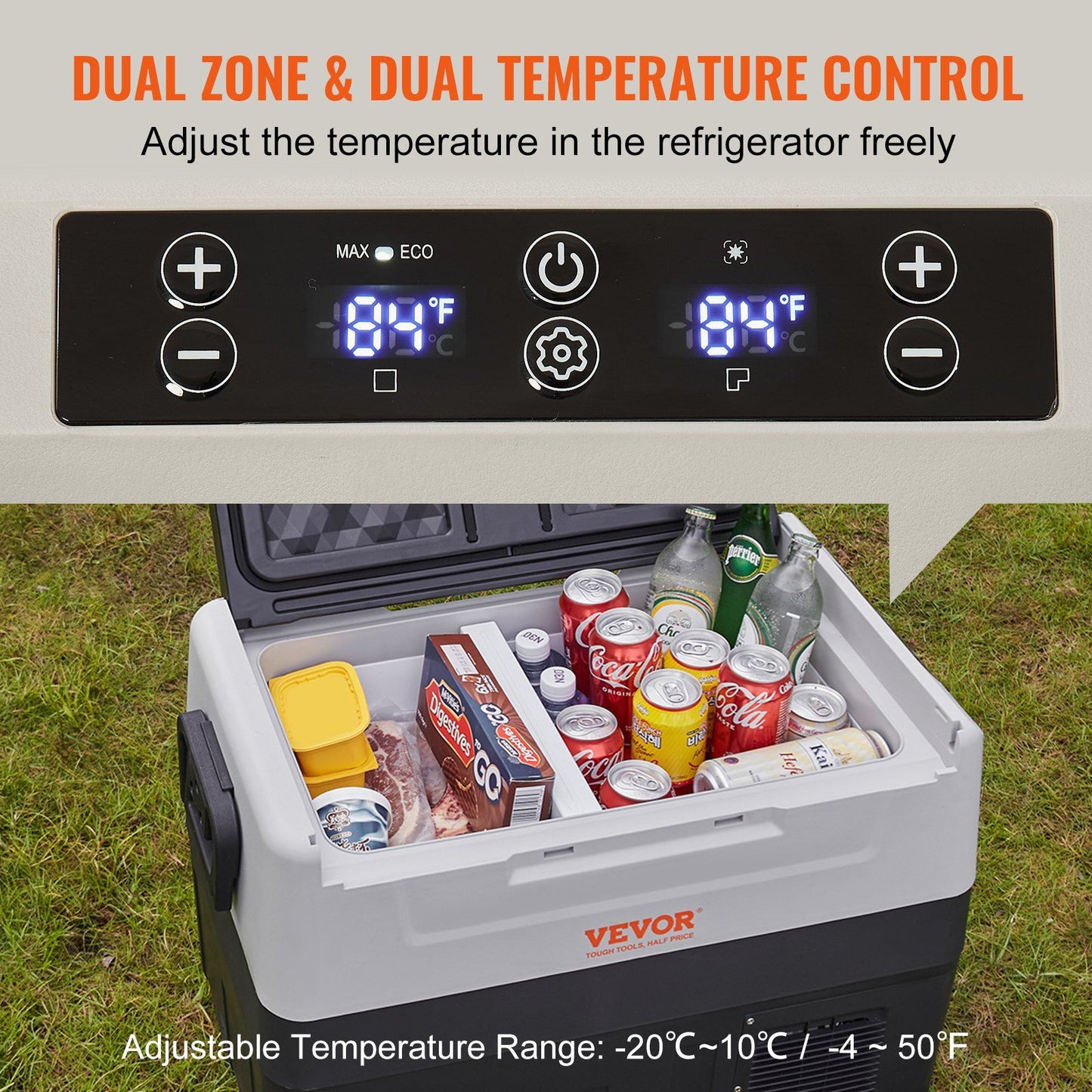 VEVOR Car Refrigerator, 12 Volt Car Refrigerator Fridge, 48 QT/45 L Dual Zone Portable Freezer, -4°F-50°F Adjustable Range, 12/24V DC and 100-240V AC Compressor Cooler for Outdoor, Camping, Travel, RV