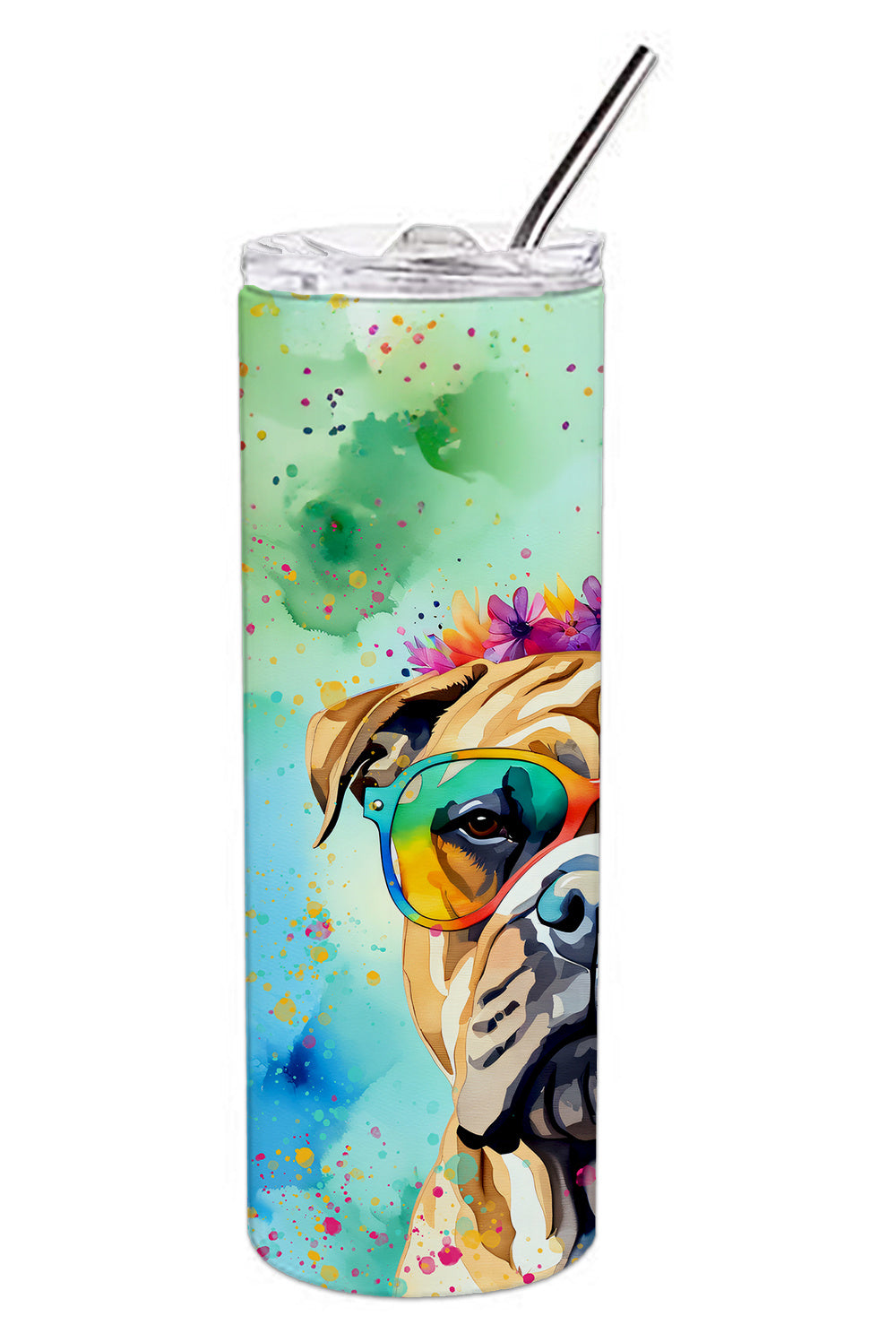 Bullmastiff Hippie Dawg Stainless Steel Skinny Tumbler Vacuum Double Walled Reusable Insulated Tumbler Travel Cup for Coffee Cocktails Gift with Lid, 20 oz