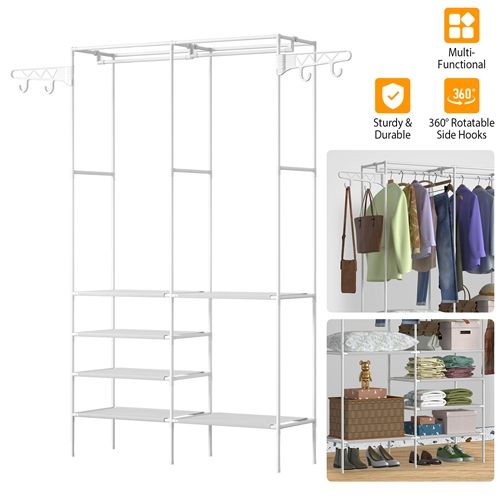 Metal Garment Rack Shoe Clothing Organizer Shelves Freestanding Multifunctional Clothes Wardrobe