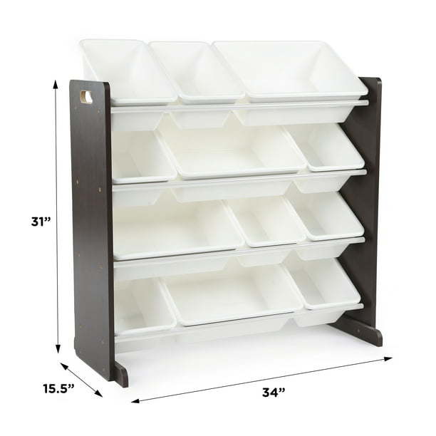 Children Wood and Plastic Organizing Rack with 12 Bins, Gray and White