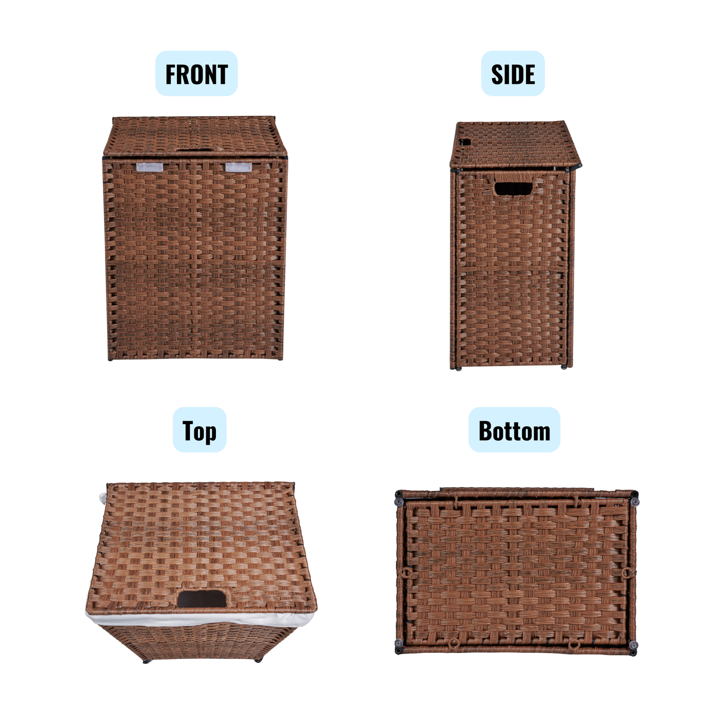 Laundry Hamper With Lid PE Rattan Powder Coating Frame Clothes Hampers with 02 Removable Bags, 100L, Brown Color