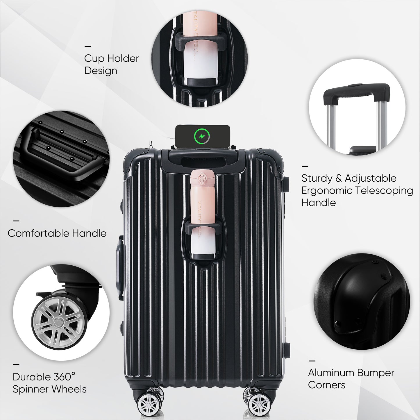 1pc 20in Aluminum Frame Luggage with USB port, Vacation Carry-On Suitcase with Spinner Wheels and TSA Lock, Travel Trolley Case For Short Business Trips, Beach Holidays, black