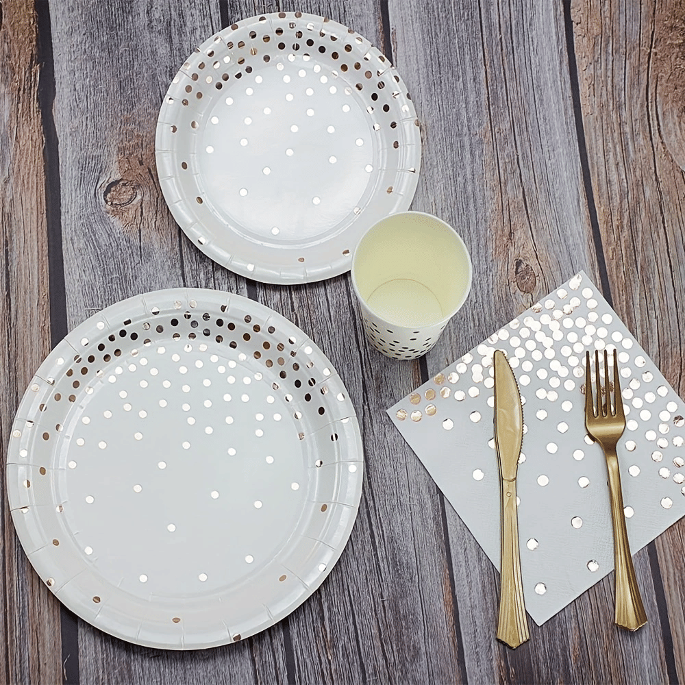 Rose Gold and White Party Supplies Disposable Dinnerware Set Rose Gold Paper Plates Napkins Knives Forks Cups Tablecloth Banner for Graduation Birthday Anniversary Party Decorations