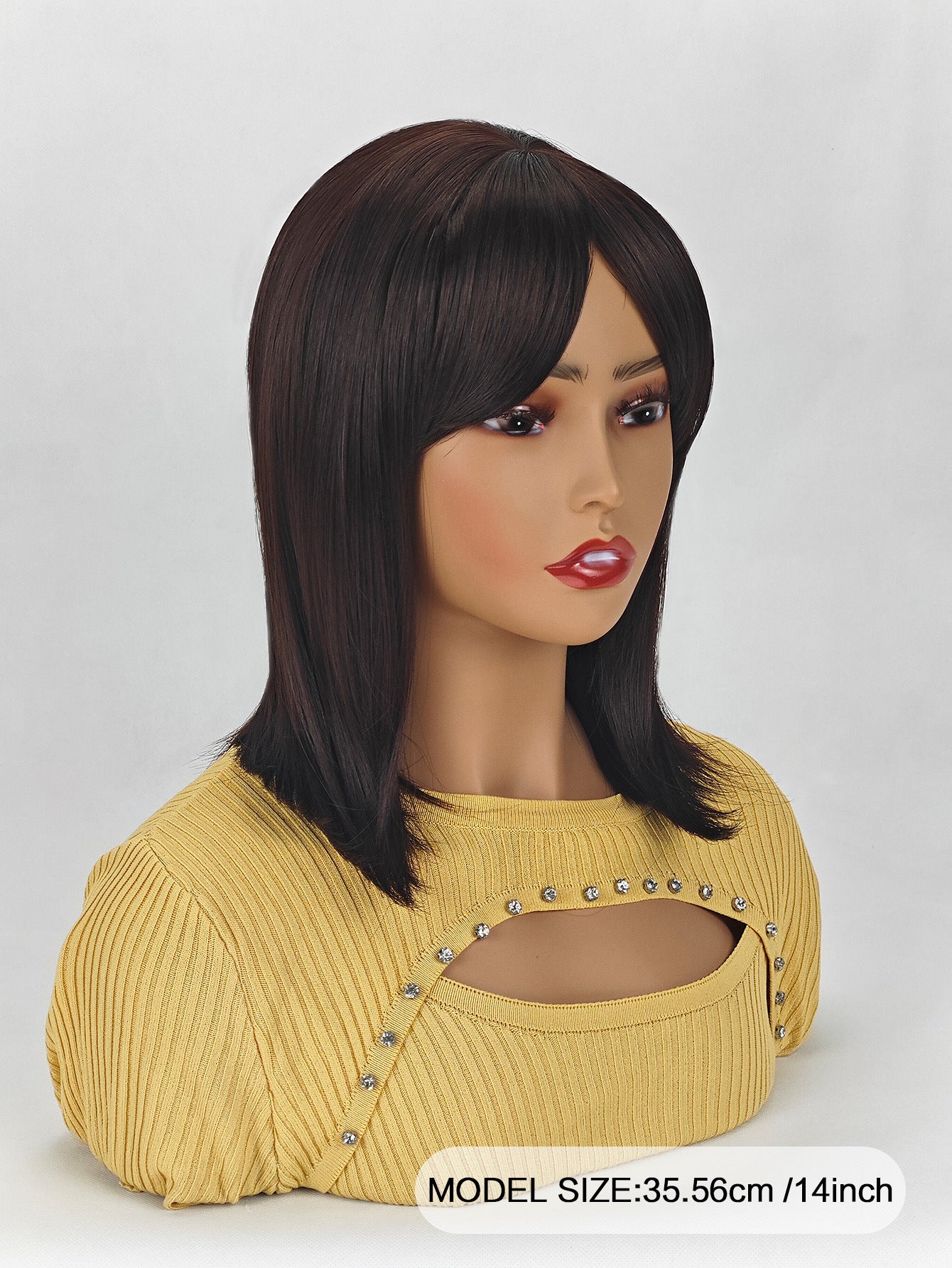 Medium-length straight hair fully machined bangs wig 14 inches natural black heat-resistant fiber high temperature silk wig dyeable and permable bangs synthetic wig