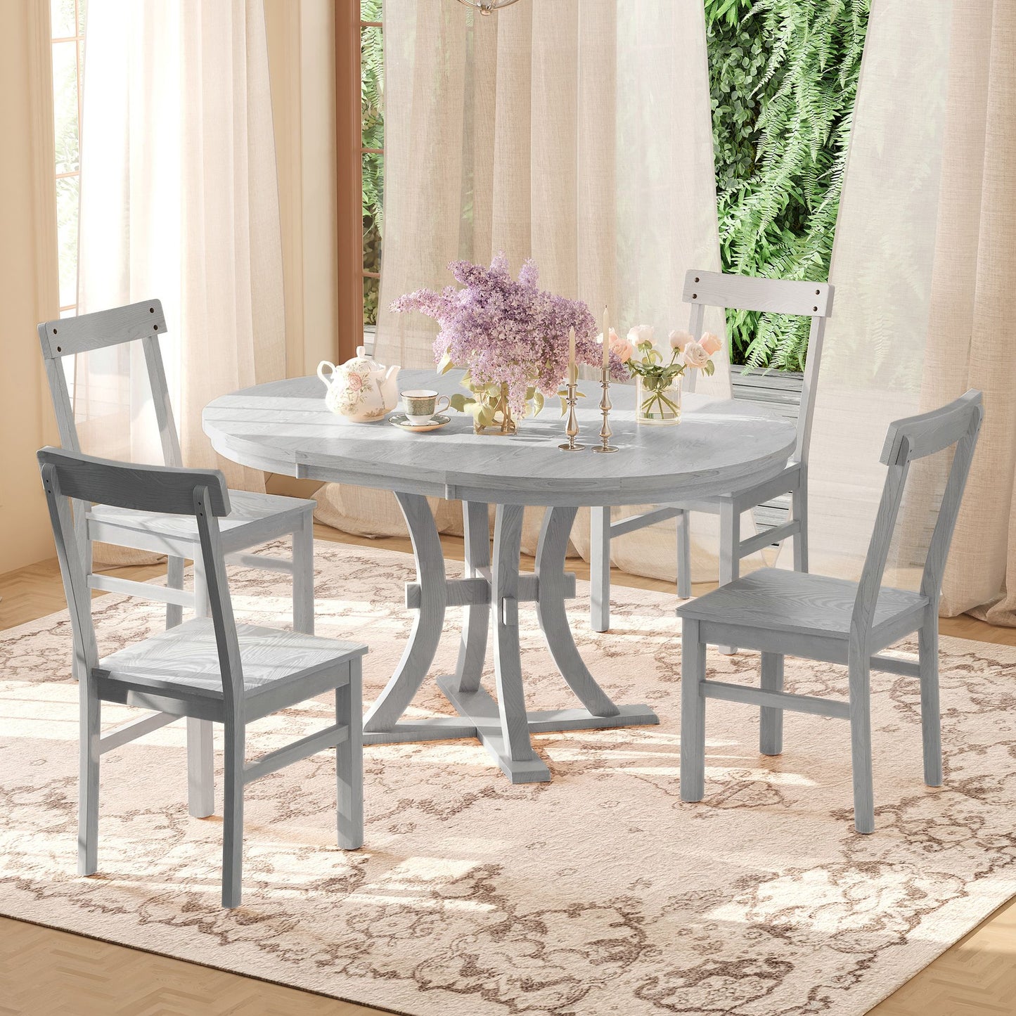 5-Piece Rustic Round Pedestal Extendable Dining Table Set with 15.7\" Removable Leaf and Simple Dining Chirs for Small Places