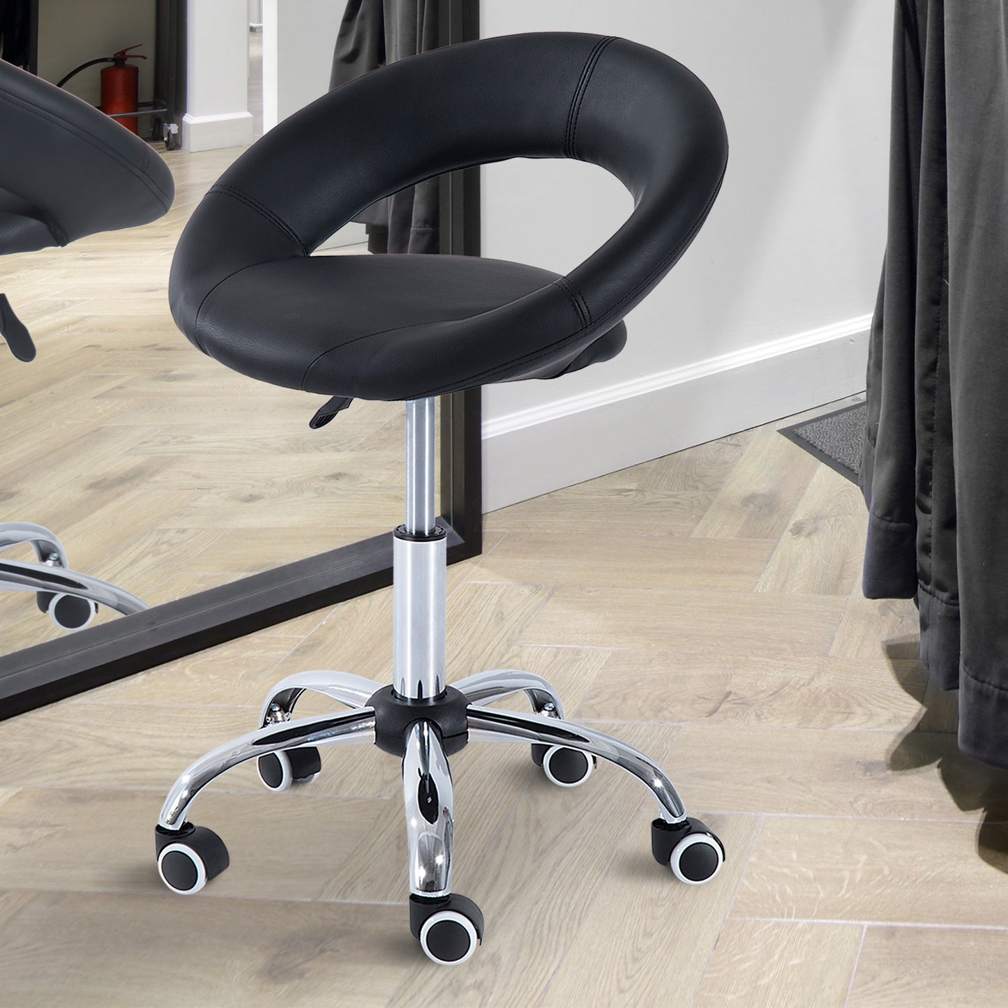 Crescent Rolling Salon Stool with Adjustable Height, Breathable Open Back, Foam Cushion Seat, and 5 Caster Wheels, Black