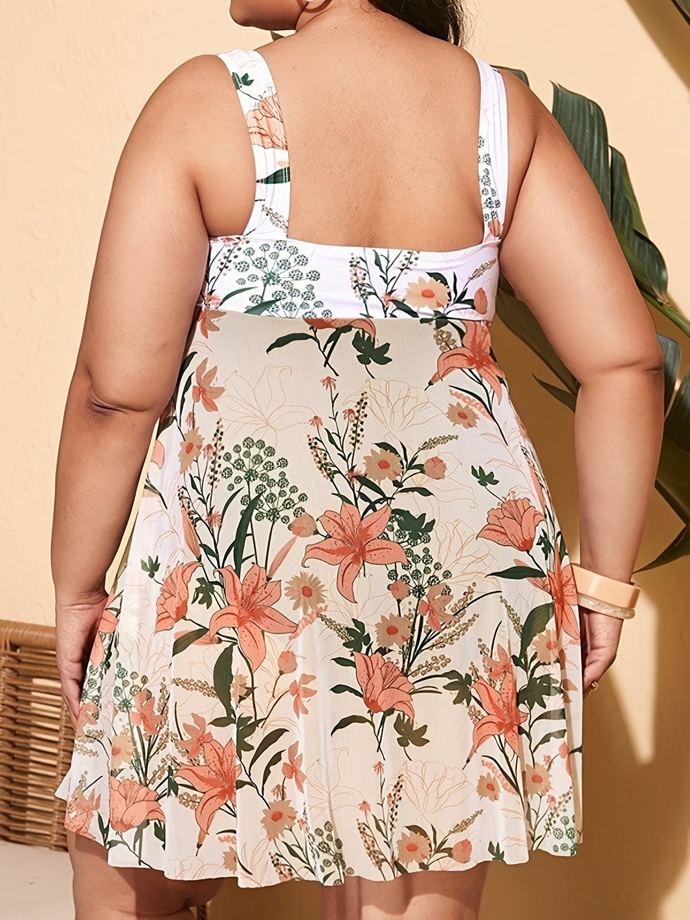 Plus Size Colorblock Floral Trim Contrast Mesh One Piece Swimsuit; Women's Plus High Stretch Modest Swimsuit