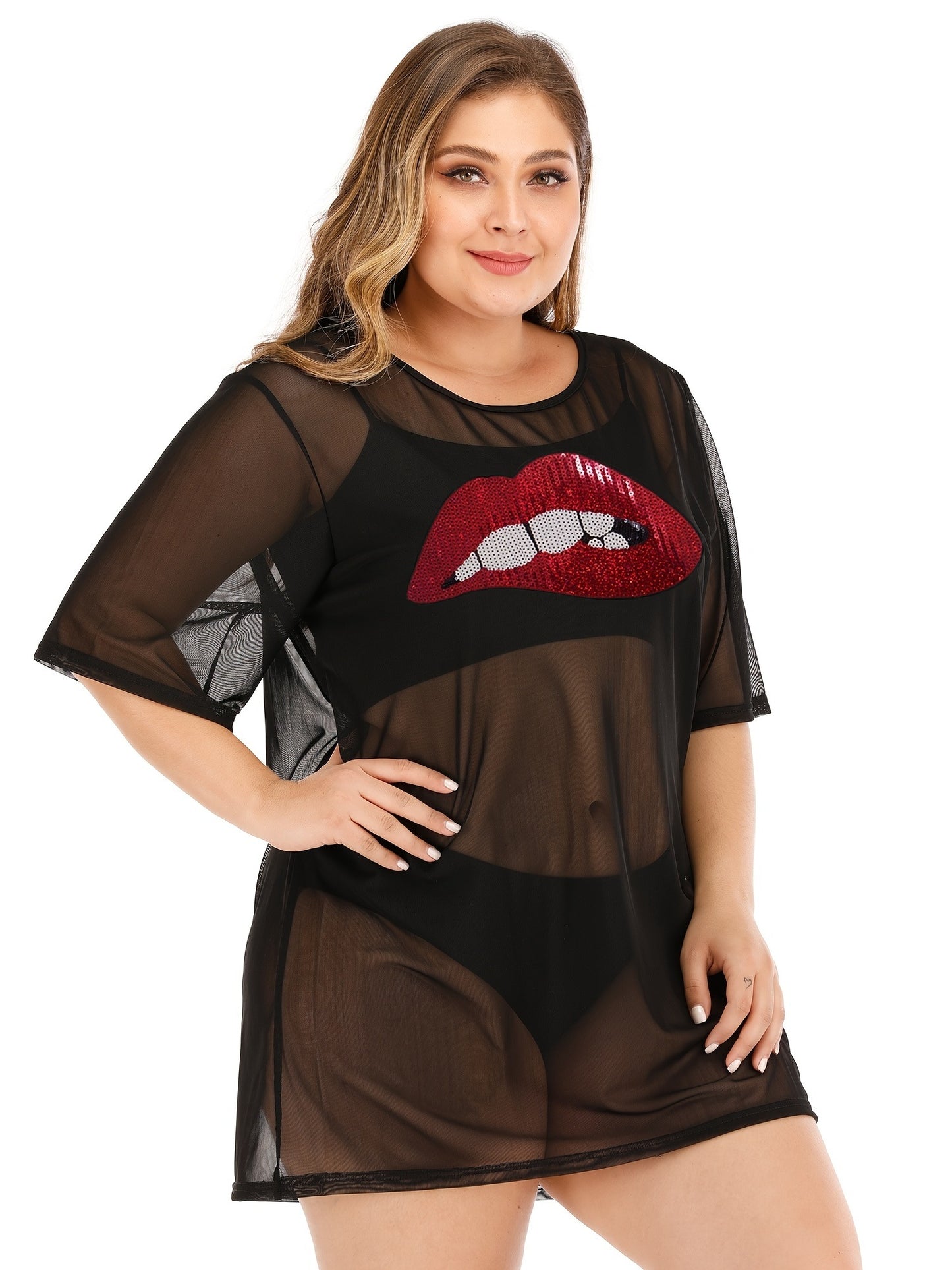 Plus Size Sequin Lip Print Semi Sheer Cover Ups; Women's Plus Sexy Slight Stretch Cover Ups