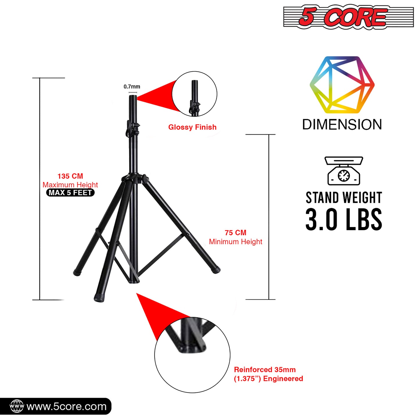 5 Core Speaker Stand Tripod Floor Adjustable Up to 60 Inch DJ Studio Monitor Stands Pole Mount- SS HD 1PK 5FT