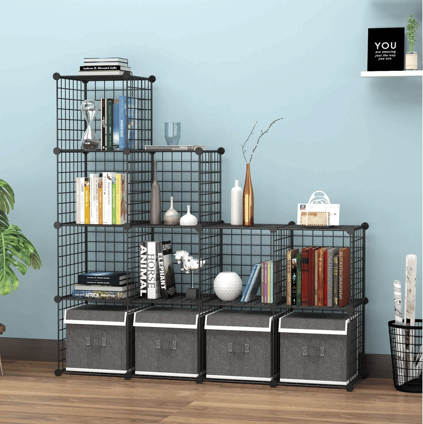 Cube Storage Organizer, Book/Toy/Craft/Potted Plants and petCloset Organizers and Storage Shelves, 6 Cube Freely Combinable Metal Grids Storage Shelf,Black Iron