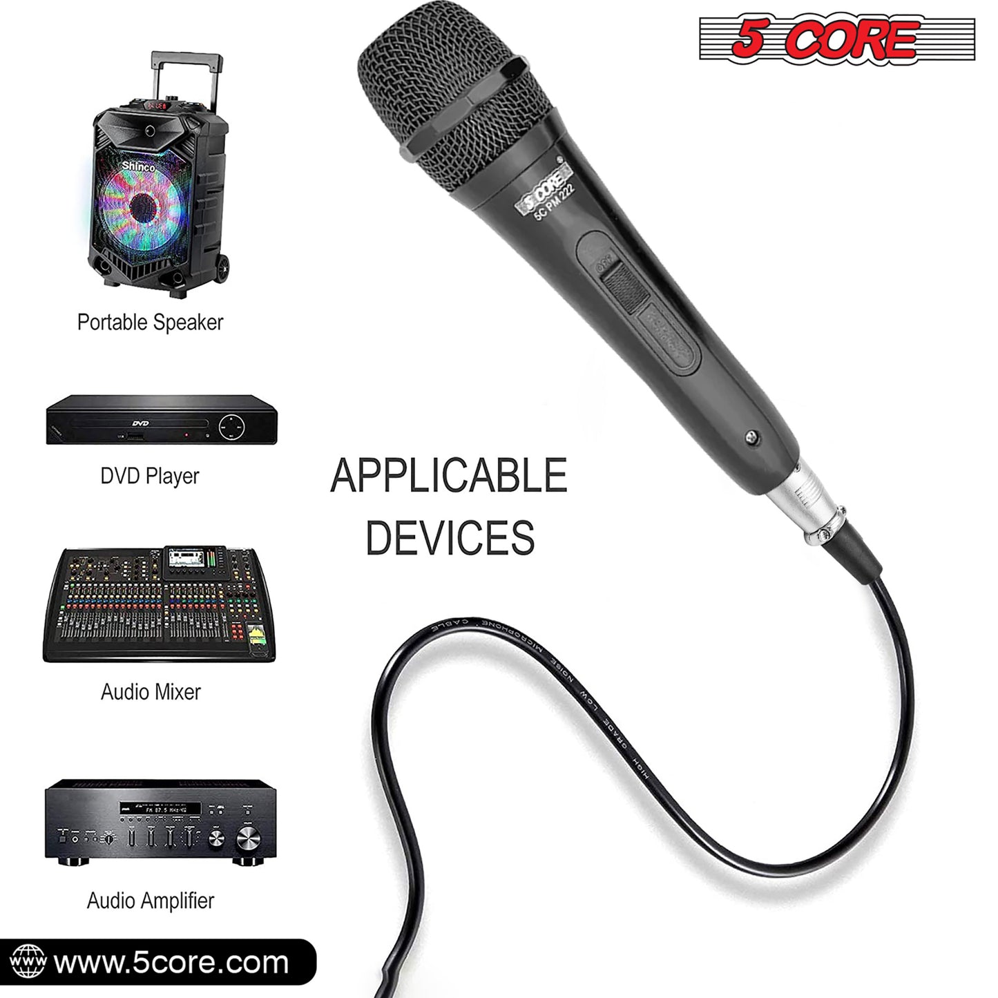 5 Core Microphone XLR Dynamic Mic Karaoke Singing Handheld Microfono Wired Professional Unidirectional 1/4 Plug In Cord Connection for Vocal DJ Music - PM-222