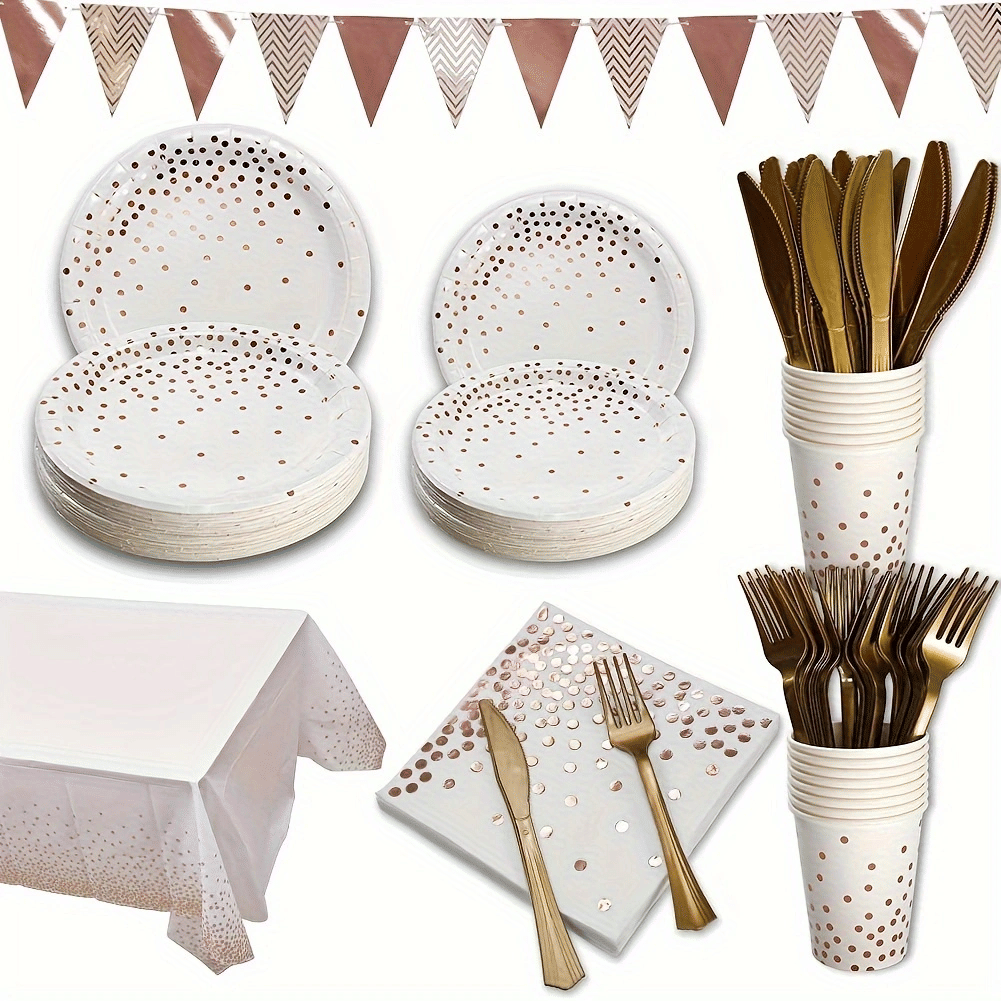 Rose Gold and White Party Supplies Disposable Dinnerware Set Rose Gold Paper Plates Napkins Knives Forks Cups Tablecloth Banner for Graduation Birthday Anniversary Party Decorations